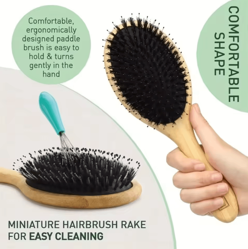 Natural Boar Bristle Hair Brush with Bamboo Handle – Anti-Static Scalp Massage and Detangling Comb