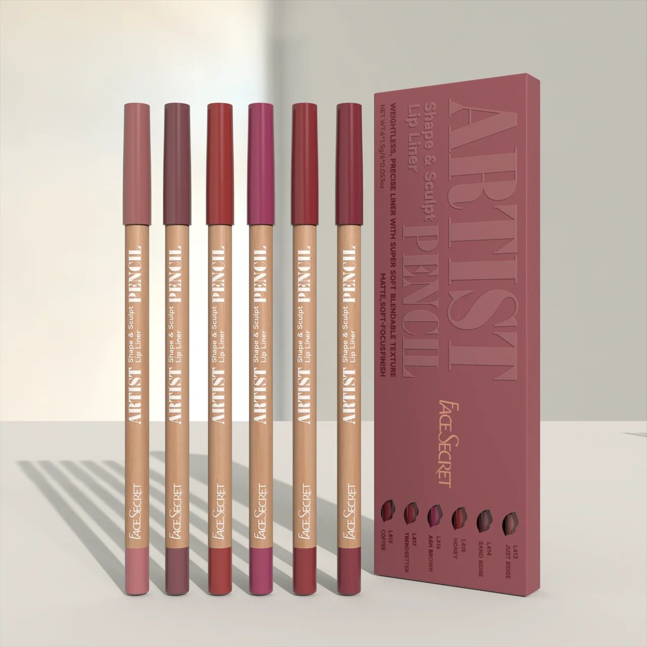 Face Secret Artist Shape Sculpt Lip Liner Pencil Set – Weightless Matte Lip Liner, Precise Smudge-Proof, Soft Blendable