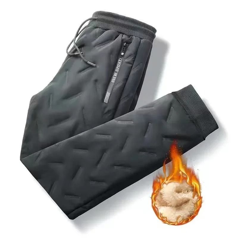 Mens Cotton Quilted Winter Fleece Lined Trousers Loose Fit Straight Leg