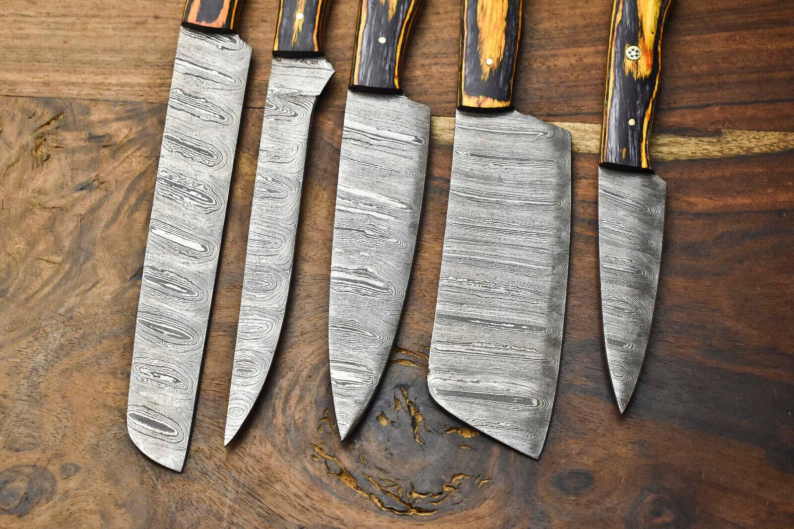 Custom 5 Handmade Damascus Steel Chef Knives | Hammered Full Tang Kitchen Set