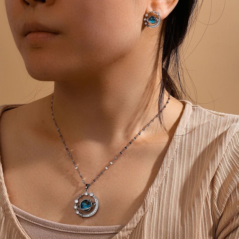 ZAKOL 2Pcs Titanium Steel Planet Round Earring Necklace Sets Niche Fashion Female Jewelry Gift