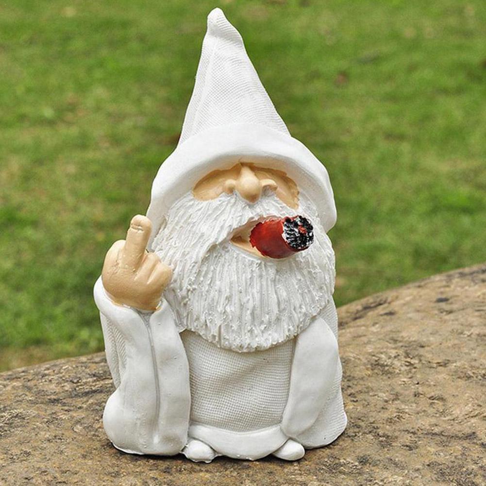 Funny White Beard Old Man Smoking Statue, Resin Garden Gnome Ornament with Middle Finger & Scissors Hand