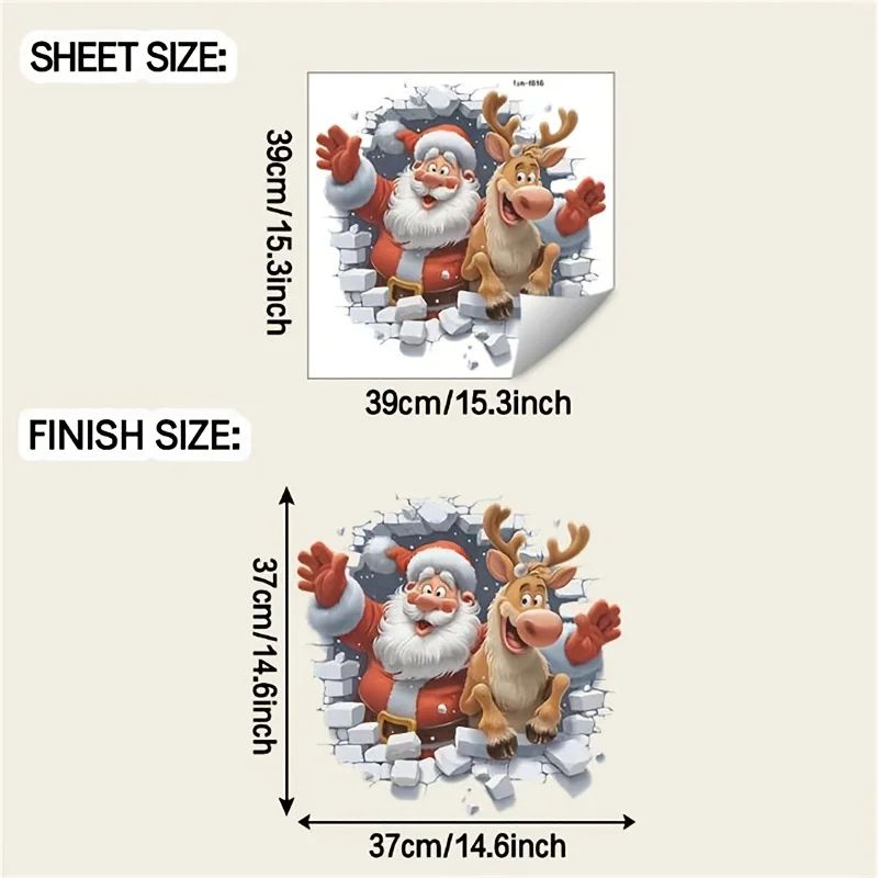 Festive 3D Santa & Rudolf Christmas Wall Stickers – Removable Self-Adhesive Holiday Window & Wall Decals