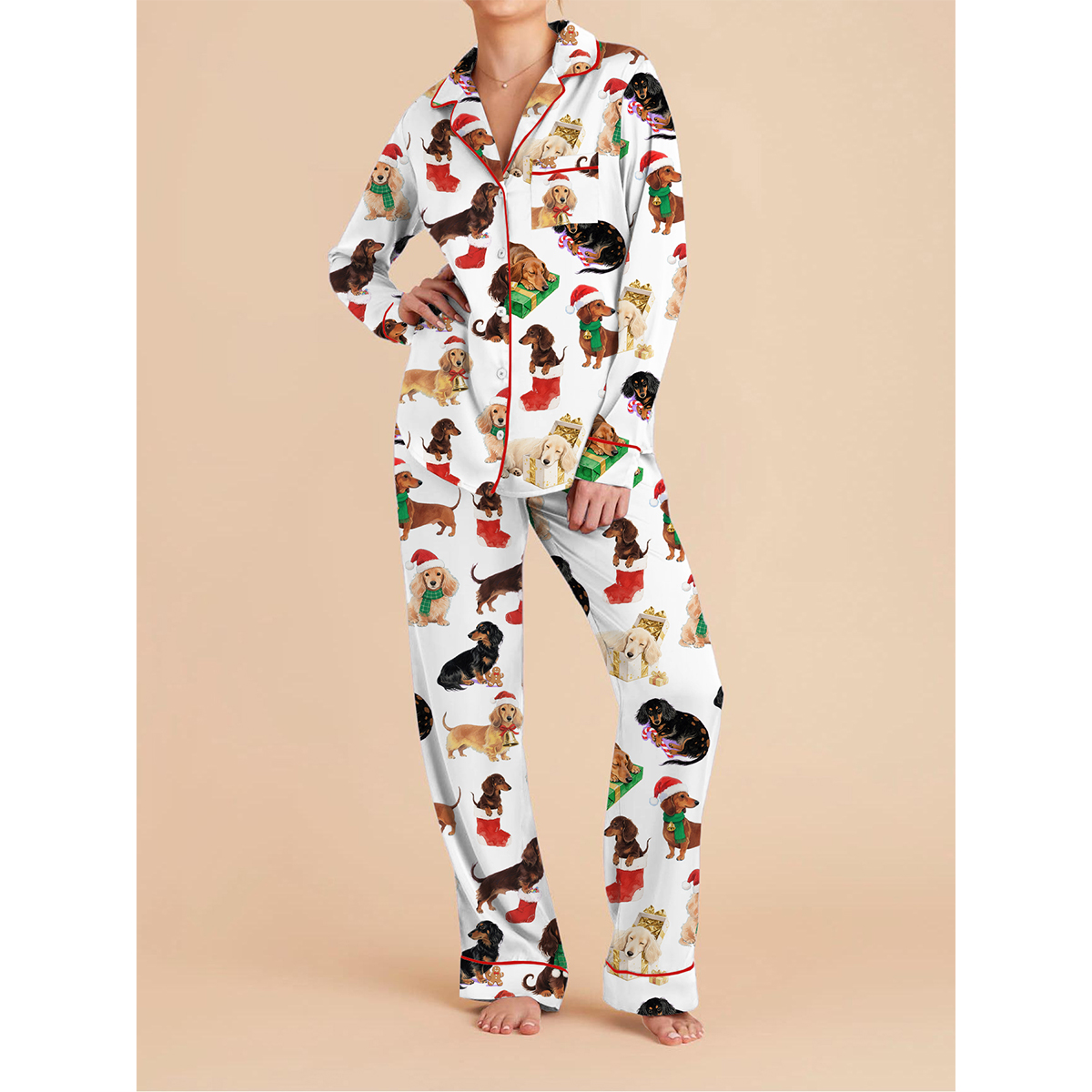 Christmas Women Pajama Set, Festive Long Sleeve Shirt and Pants, Cozy Holiday Sleepwear Loungewear with Bow, Dog