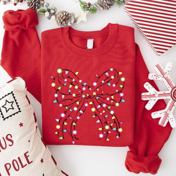 Christmas Lights Coquette Bow Sweatshirt | Funny Holiday Bow Graphic Crewneck Womens Festive Xmas Pullover