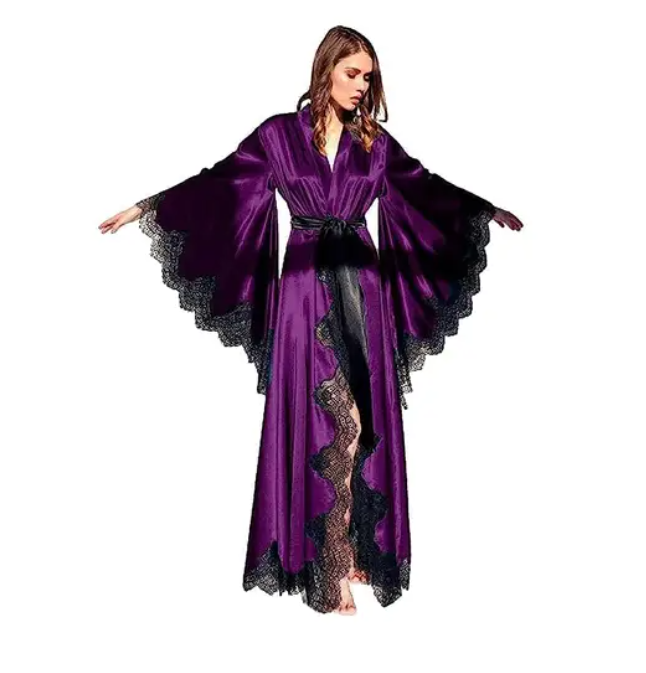 Black Silk Satin Women Robes Sleepwear, Kimono Pajamas, Lace Trim Wedding Dress, Long Pure Silk Bride Gown