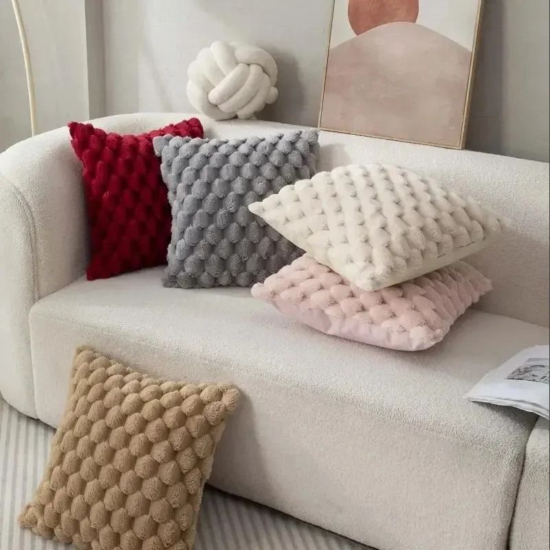 3D Plush Throw Pillowcase Cream White Decorative Sofa Cushion Cover