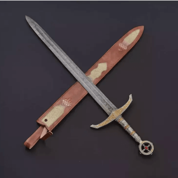 38-Inch Full Tang Damascus Steel Sword - Double-Edged Templar Knight Blade with Sheath