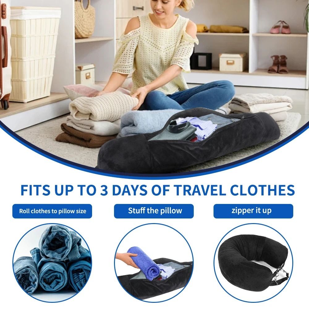 Travel Neck Pillow With Fillable Clothing Insert And Velvet Cover