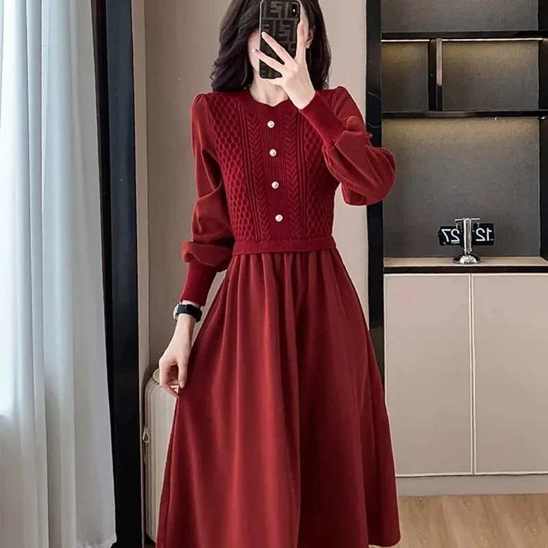 Casual O-Neck Lantern Sleeve Fake Two Piece Knitted Dress Autumn Winter Ladies Long Sweater Dress