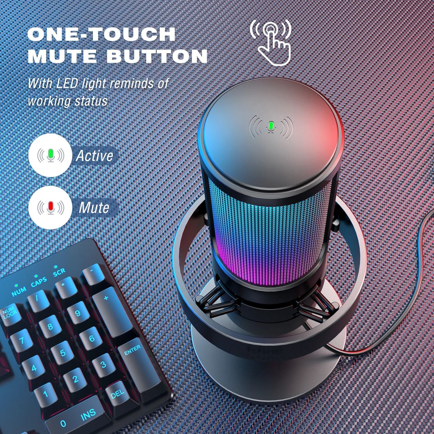 Wireless RGB Condenser Microphone with Touch Mute and Headphone Monitoring