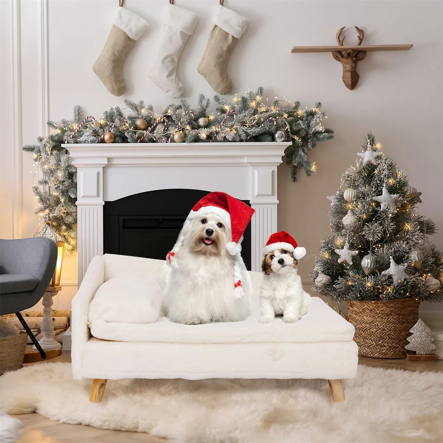 Elevated Pet Sofa Bed with Wood Legs and Waterproof Cozy Pad