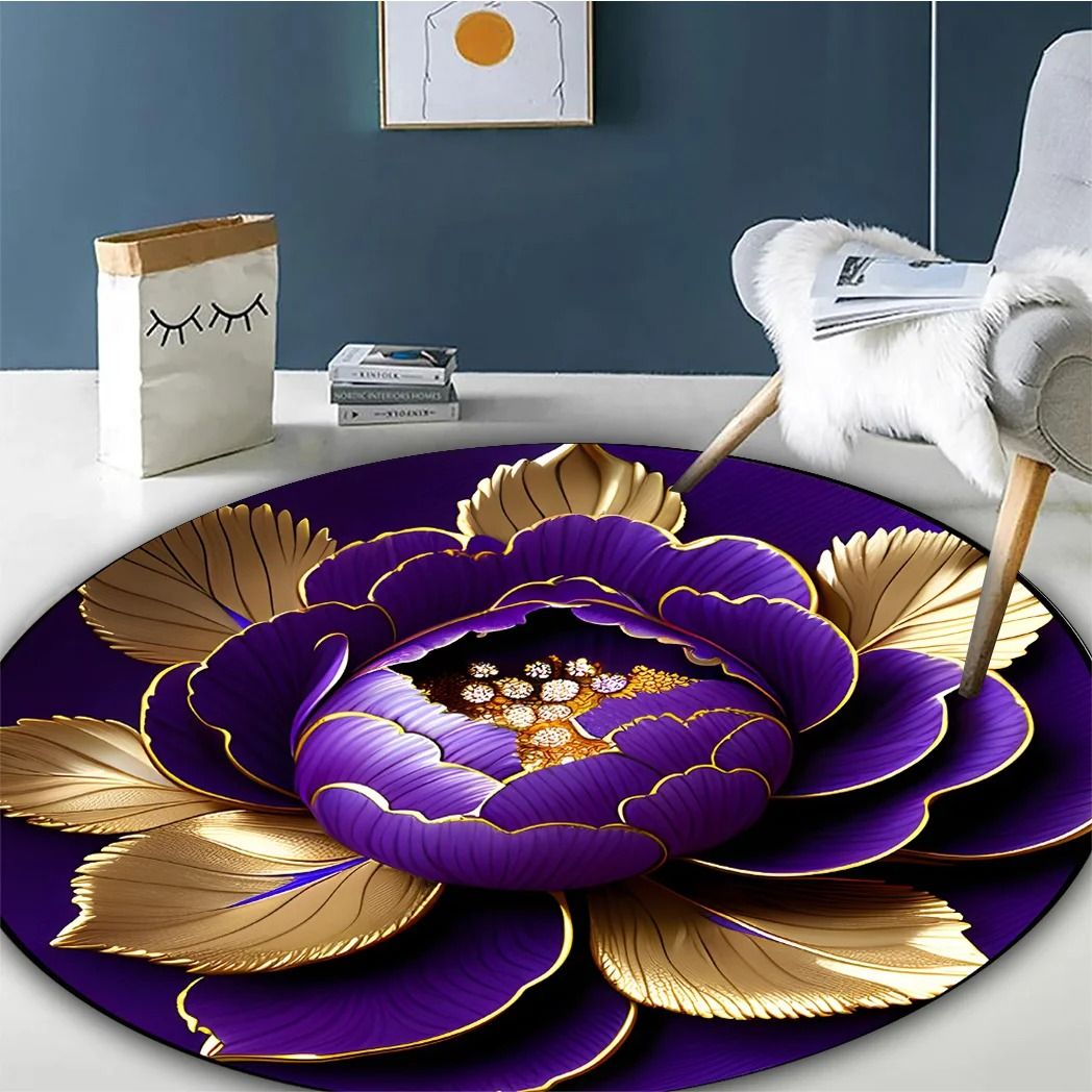 Purple Gold Peony Artistic Round Rug