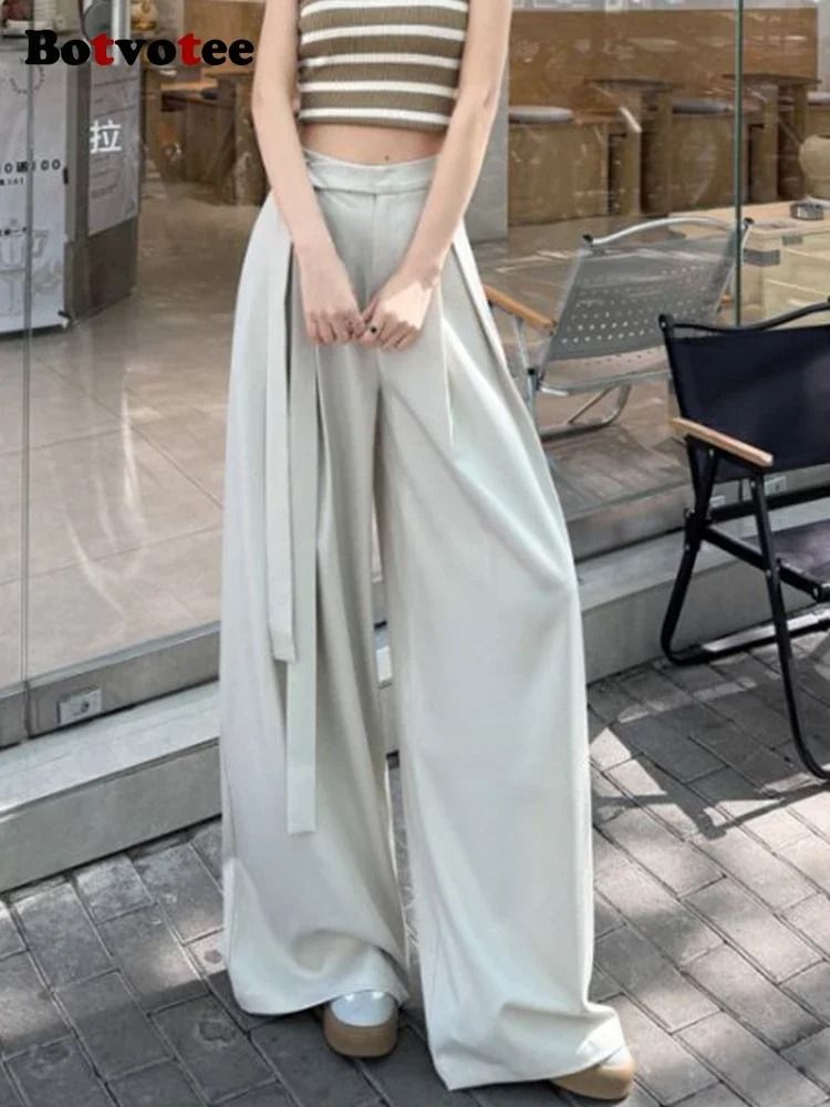 Botvotee Elegant Office Suit Pants High Waisted Wide Leg Baggy Blazer Trousers with Sashes