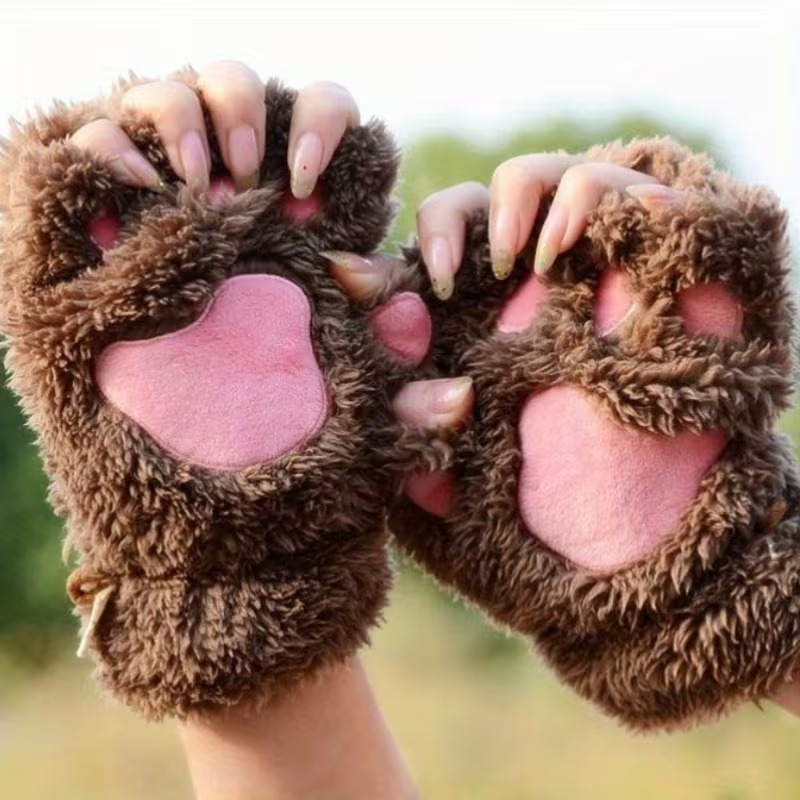 Fingerless Gloves with Bear Cat Design, Plush Animal Paw Gloves for Casual Winter Streetwear and Themed Parties