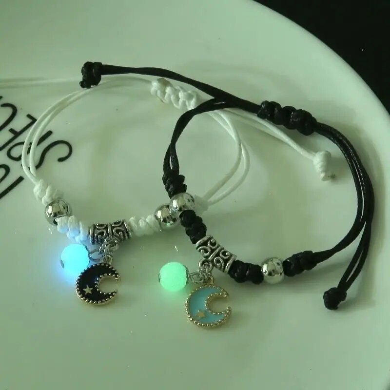Luminous Moon Star Couple Bracelets: 2PC/Set Adjustable Rope, Matching Love Gifts & Fashion Jewelry