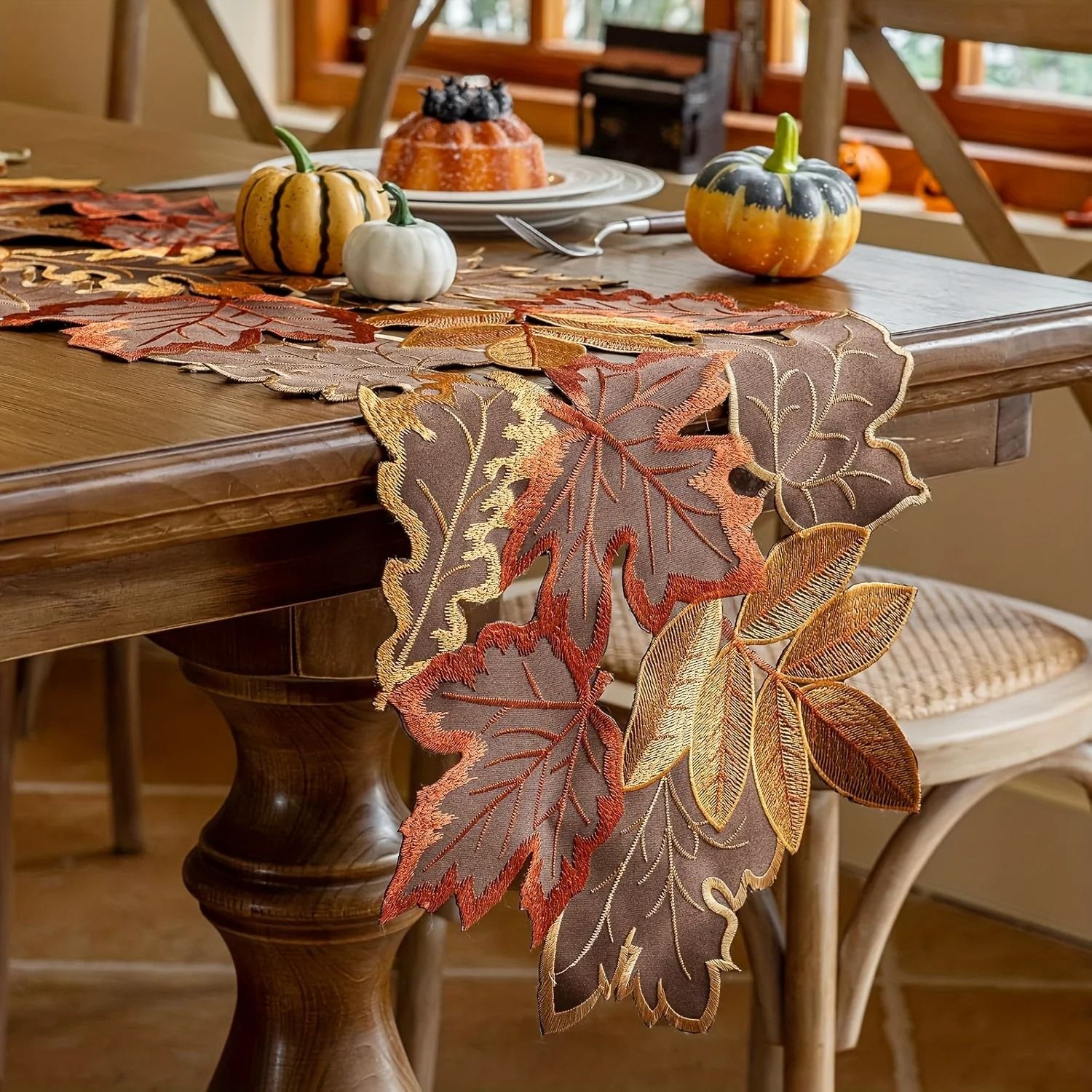 Embroidered Autumn Maple Leaf Table Runner | Flocked Brown Farmhouse Decor