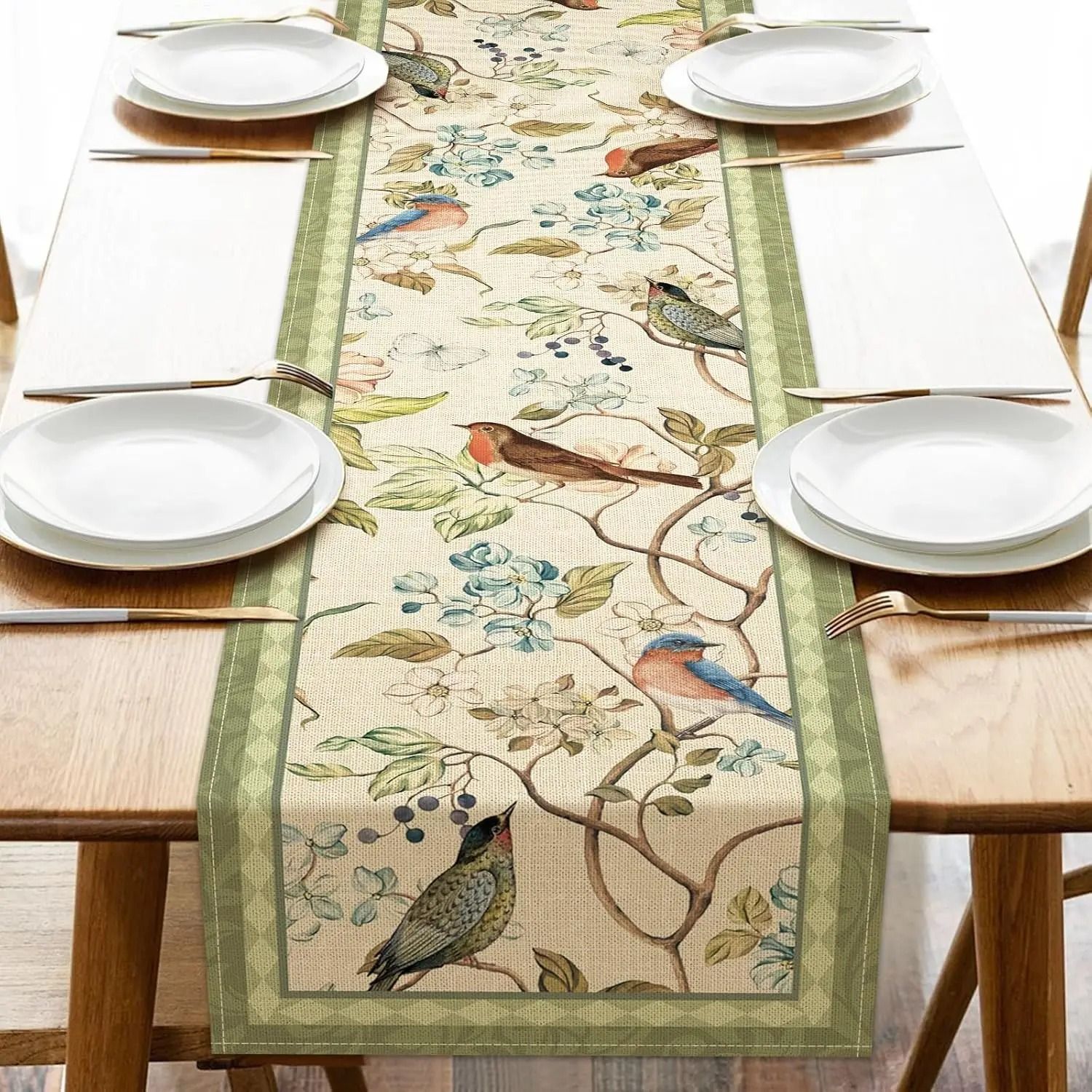 Vintage Flowers & Birds Linen Table Runner | Farmhouse Summer Botanical Dining Decor