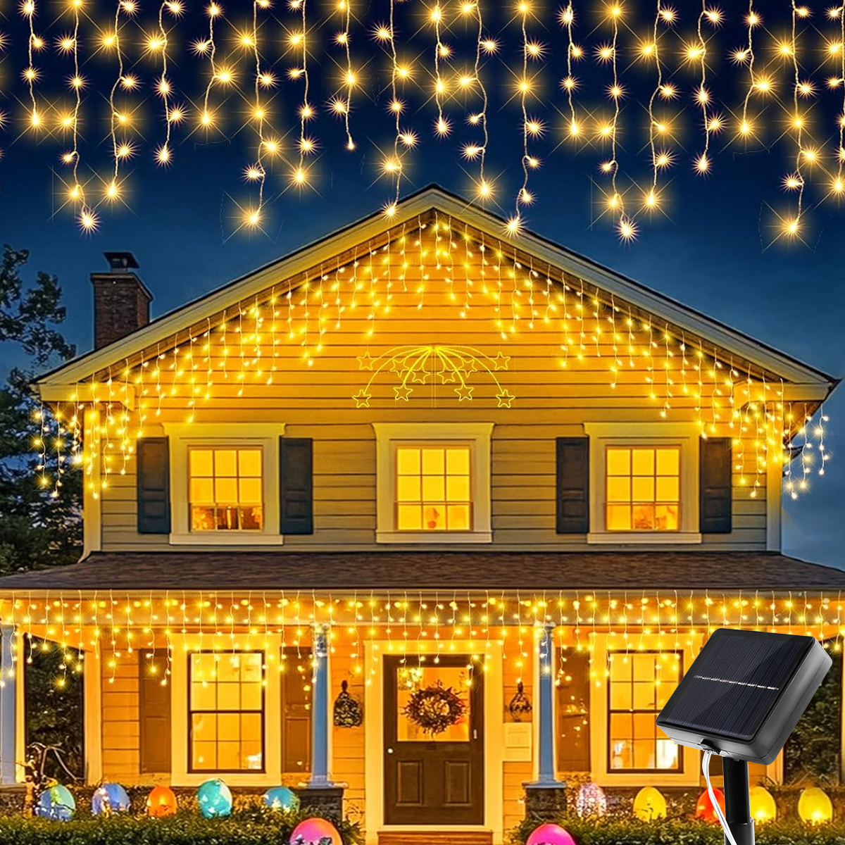 Solar Christmas Icicle Lights LED, Water proof Curtain String Lights, Outdoor Garden Holiday Lighting
