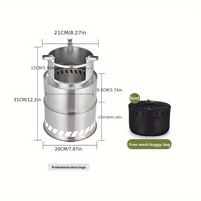 Portable Stainless Steel Wood & Charcoal Burner – Compact Camping Stove with Ventilated Design for Outdoor Cooking