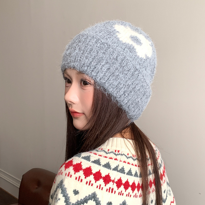 Korean Style Women's Winter Hat with Flower and Ear Protection Wool Hat Big Head Circumference Wool Hat