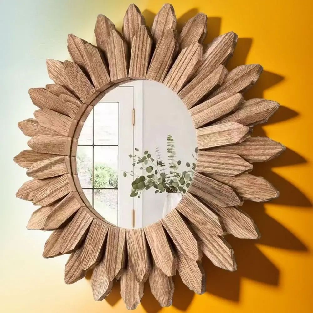 12-Inch Rustic Wood Wall Mirror – Farmhouse Sunburst Decorative Vanity Mirror
