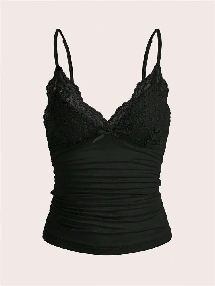 Phumee Y2K Contrast Lace Bow Front Backless Crop Cami Top