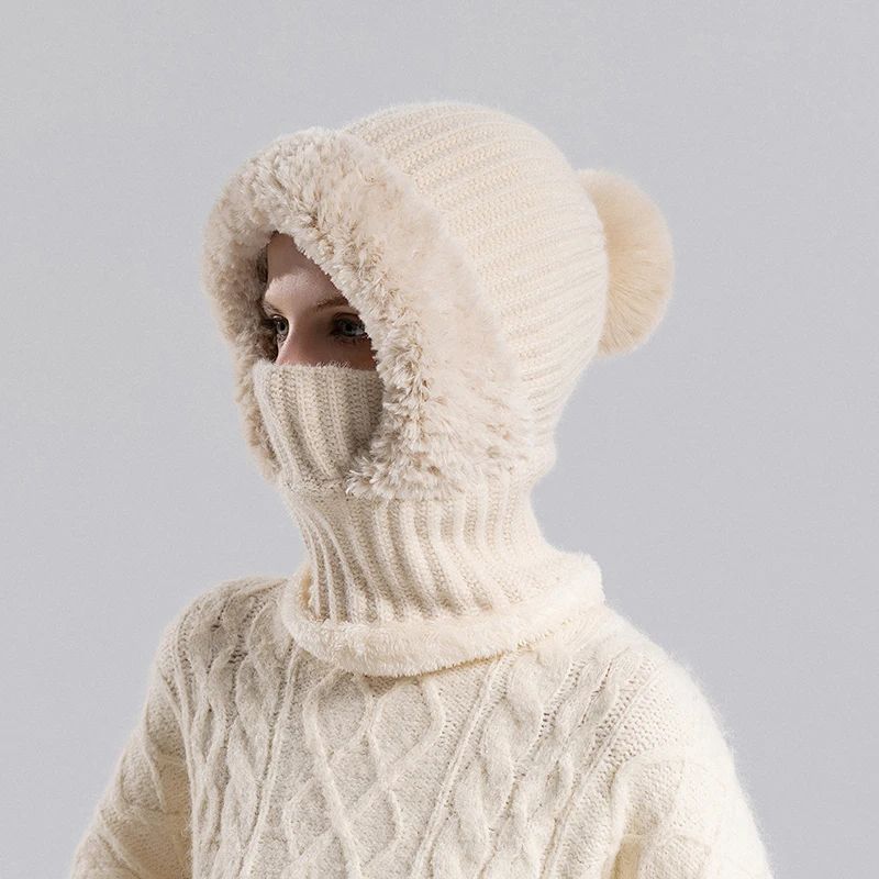 Women's Hooded Knit Balaclava Hat – Winter Velvet Fluffy Ear Protection Neck Warmer