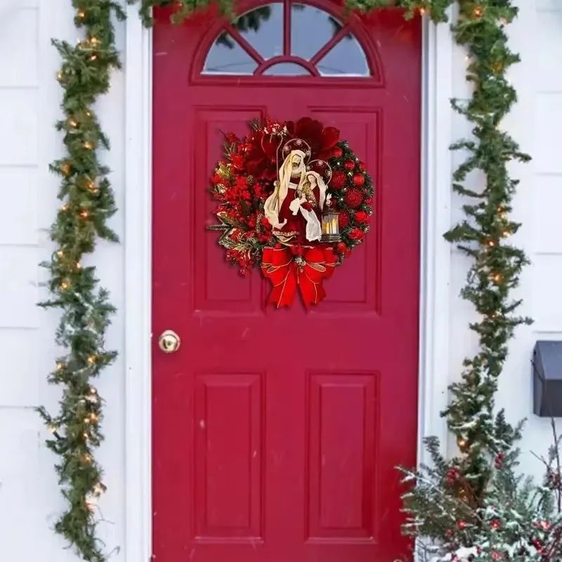 15.7in Christmas Wreath with Lantern & Bow – Festive Front Door Holiday Garland