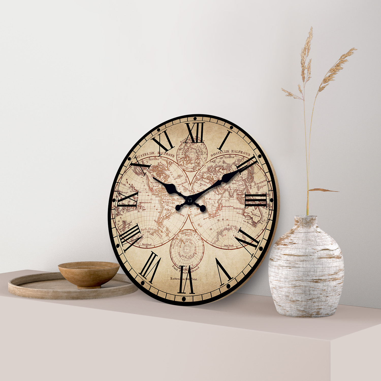 Retro Nautical Wall Clock, Wooden Compass Pattern Clock, Silent Quartz Home Decoration, Beach Boat Living Room Bedroom