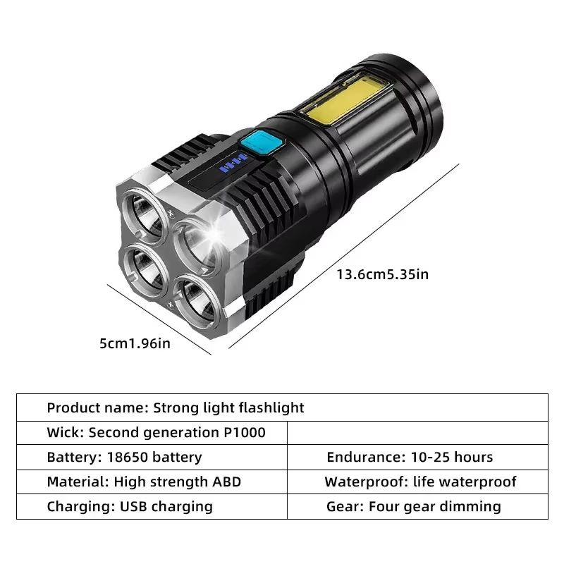 High Power Rechargeable LED Flashlight With COB Side Light and Lantern