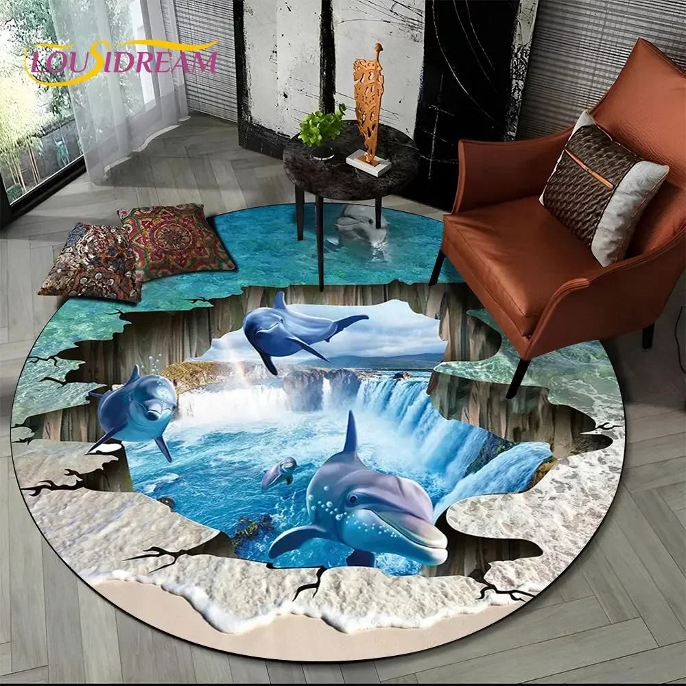 3D Ocean Dolphin Round Rug Non Slip Underwater Area Carpet for Living Room and Bedroom
