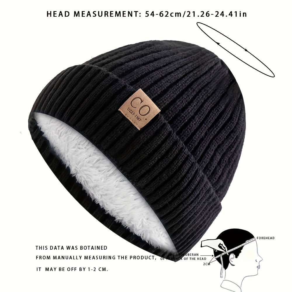 Navy blue and white striped winter hat, leather patch beanie, mens sports knitted hat, soft warm knit cap
