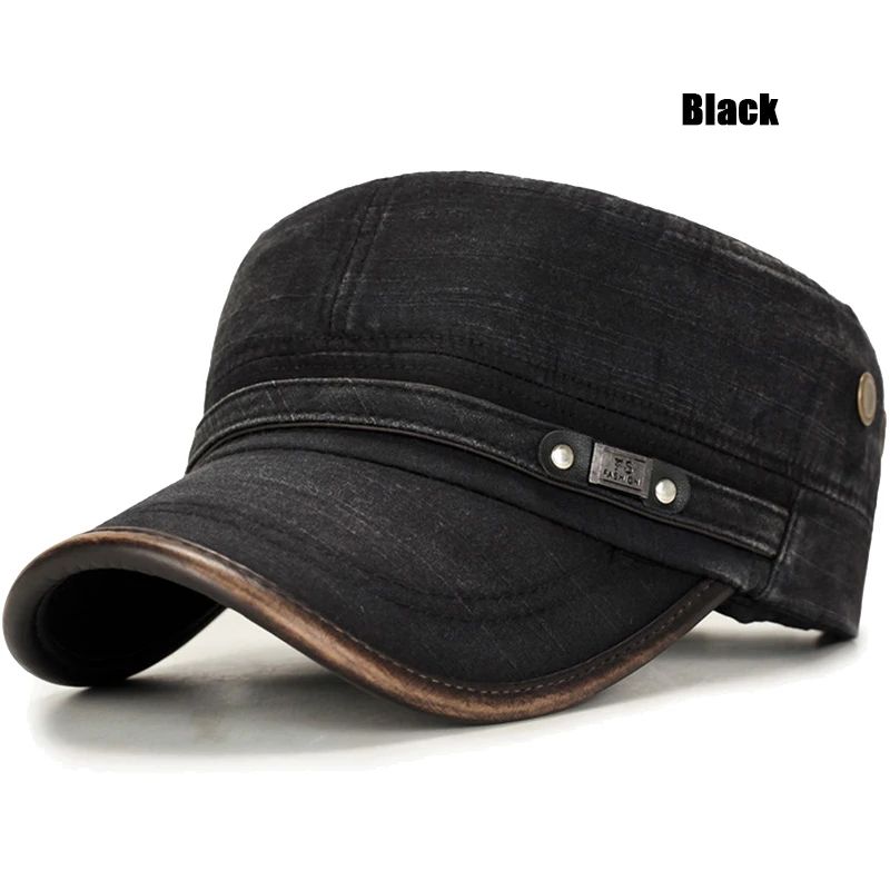 Distressed Washed Cotton Cadet Flat Cap with Leather Binding