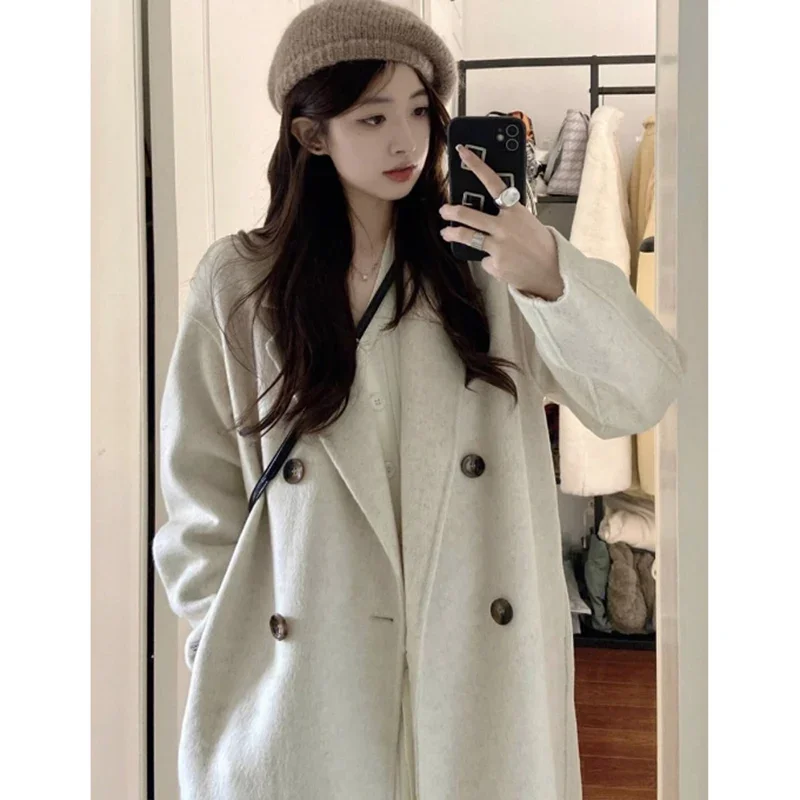 Autumn Winter Women Woolen Coat, Elegant Purple Apricot Mid-Long Jacket, Sweet Lady Chic Style Thermal Outerwear