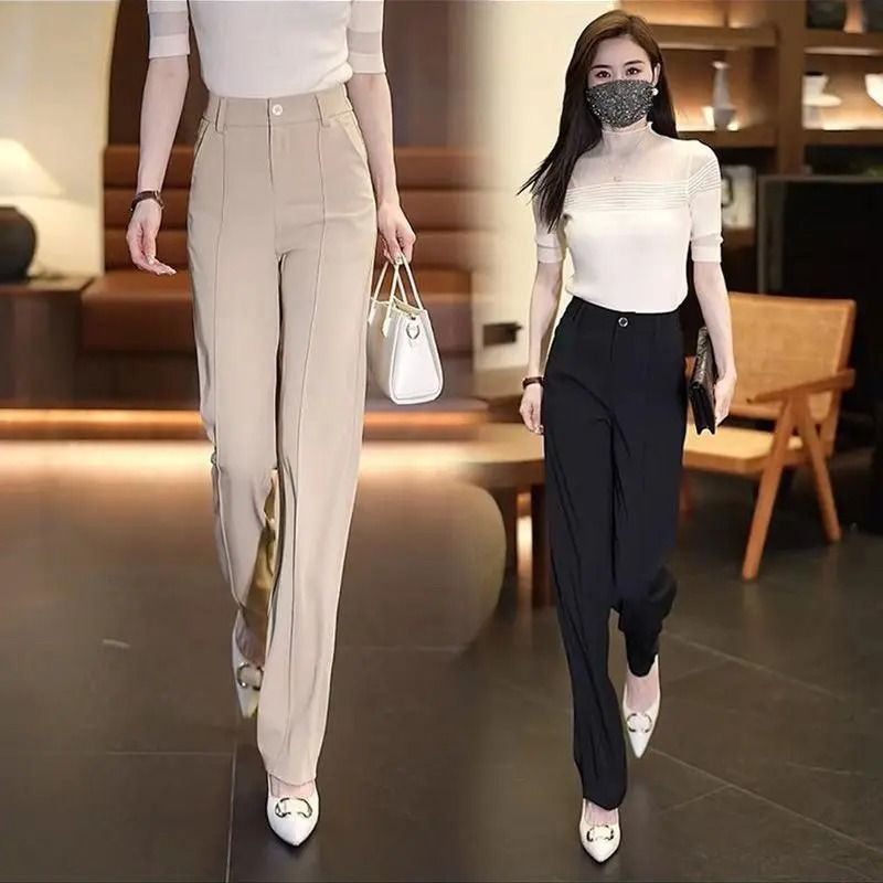 Chiffon Straight Leg Wide Trousers Chic Elegant Satin Silk Finish Office Work Pants