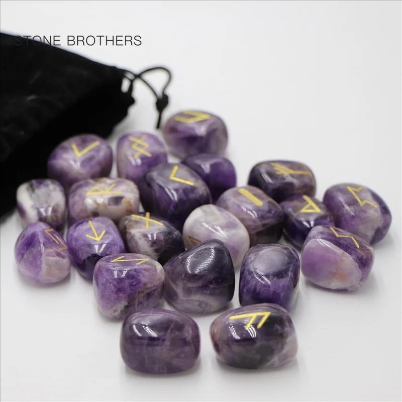 25PCS Natural Amethyst Crystal Rune Stones Set Irregular Divination Agate Healing Decor