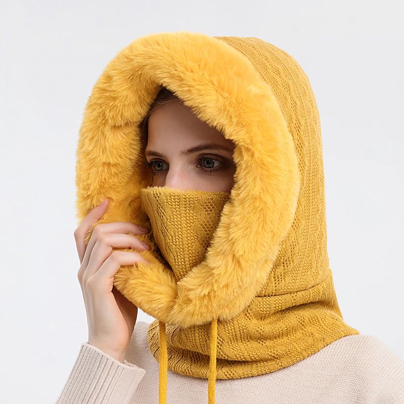Women Winter Fur Cap Mask Set, Hooded Knitted Cashmere Balaclava Ski Hat with Thick Fluffy Beanies & Neck Warmer H