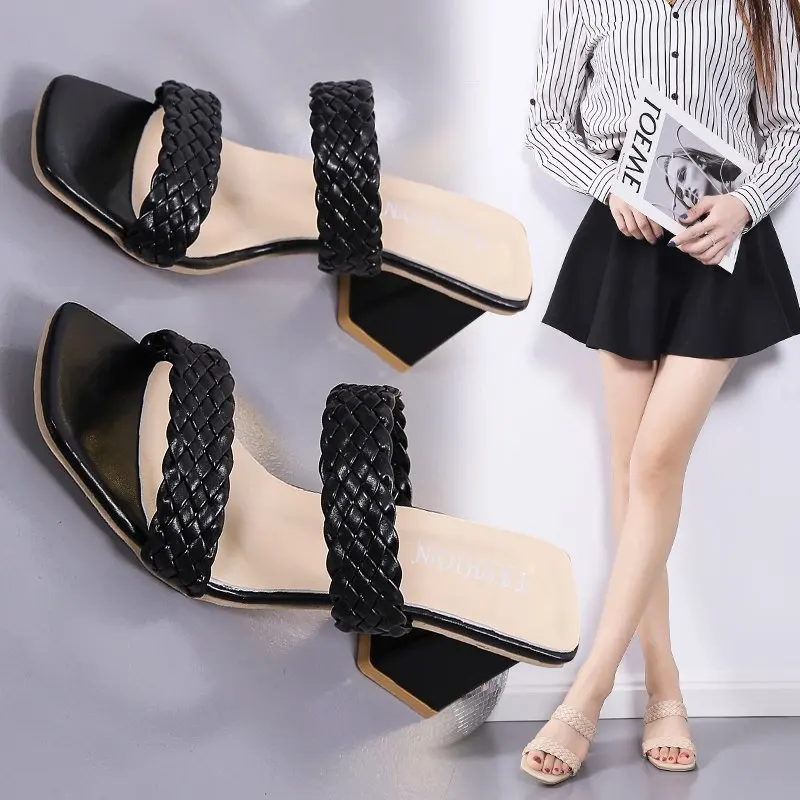 New Summer Sandals with Thick Heel Square Head Solid Color High-heeled Women's Slippers for Outer Wear