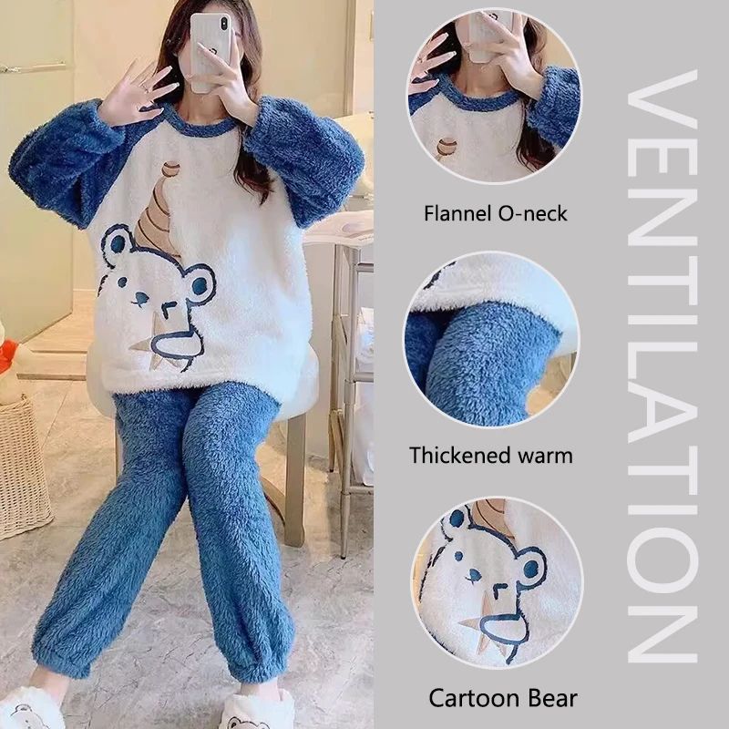 Women Winter Thick Flannel Coral Velvet Pajama Set with Cartoon Bear