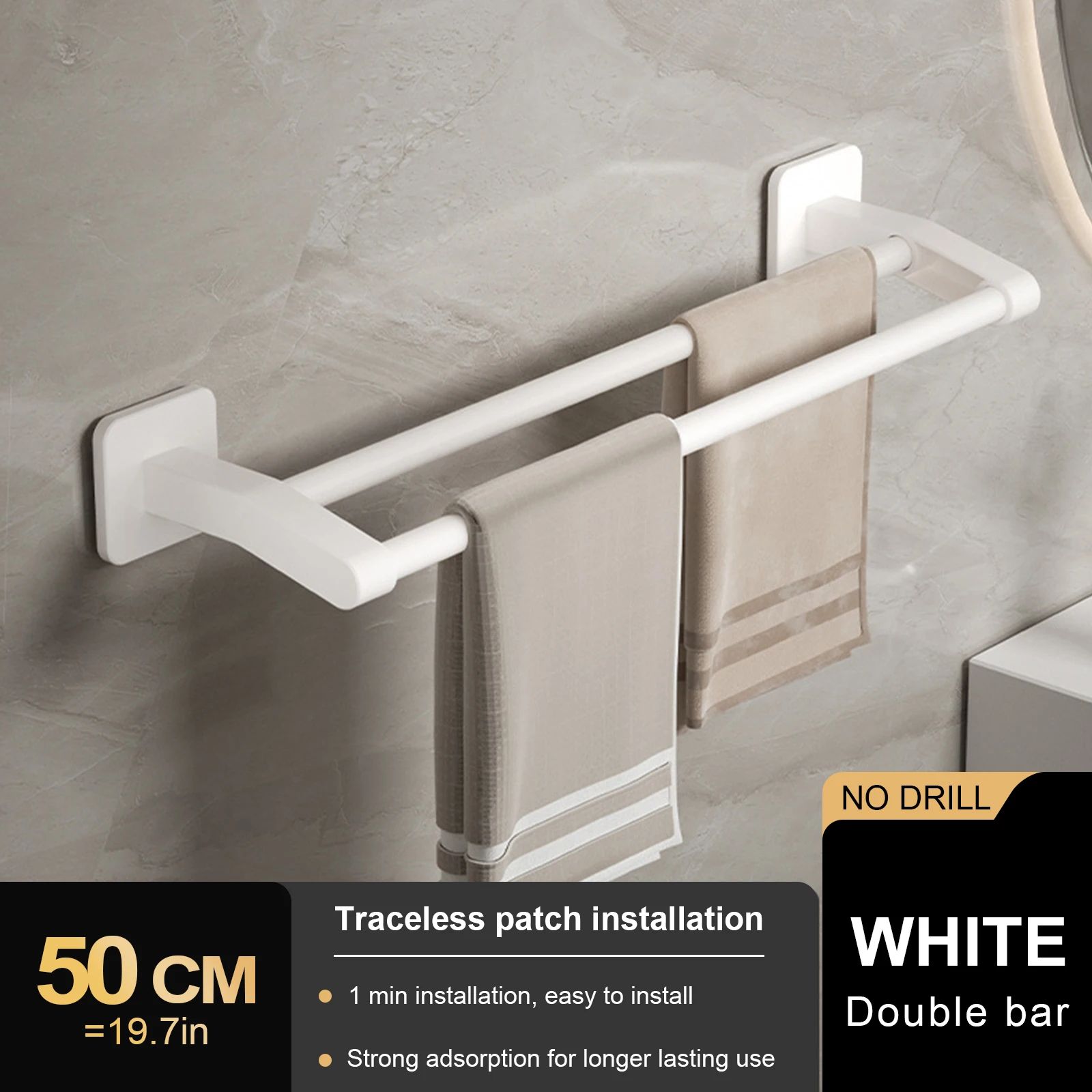 Wall Mount Double Towel Rack – No Drill ABS 2-Tier Bathroom Towel Bar