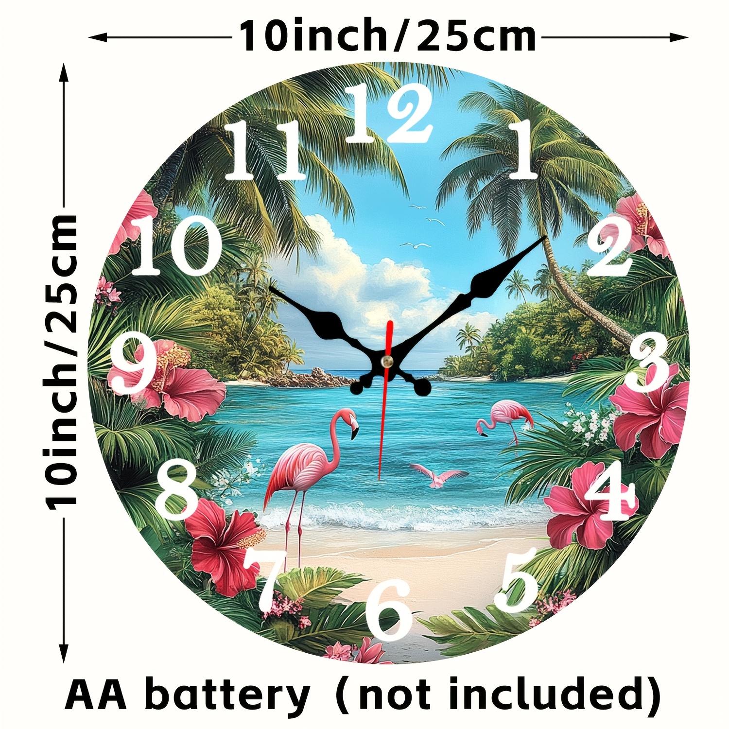 Silent Tropical Beach Flamingo Wall Clock, Battery Operated Round Digital Display Clock, Coastal Room Decor