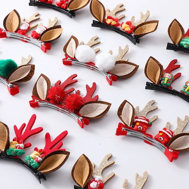 Christmas Deer Antler Hair Clips Set With Santa Hat And Reindeer Style