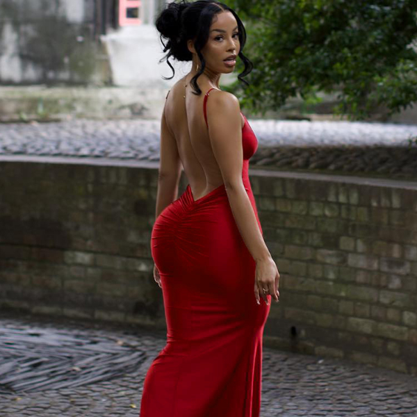 Nibber Shiny Red Maxi Dress Women Solid Sexy Backless Design, Spaghetti Strap Ruched Cleavage Robe