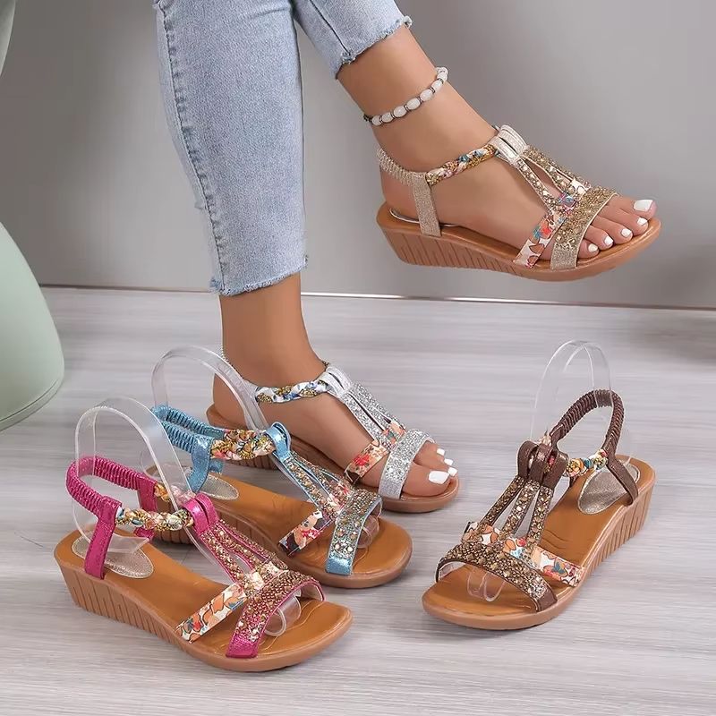 Womens Wedge Platform Sandals Summer Bohemian Rhinestone Peep Toe Shoes