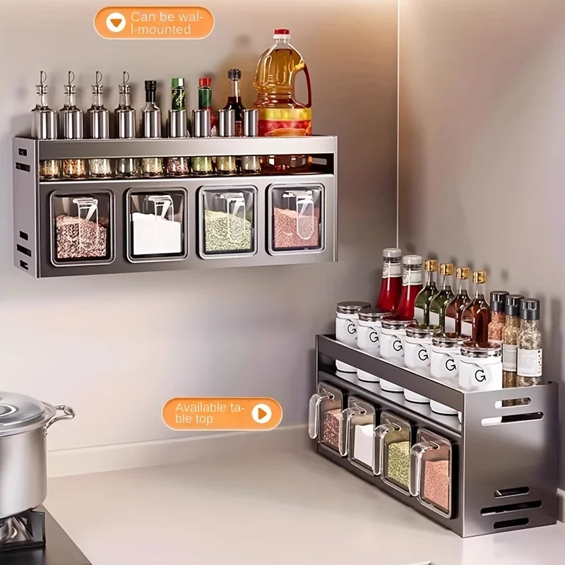 Stainless Steel Wall-Mounted Spice Rack, Multi-Functional Kitchen Storage Organizer