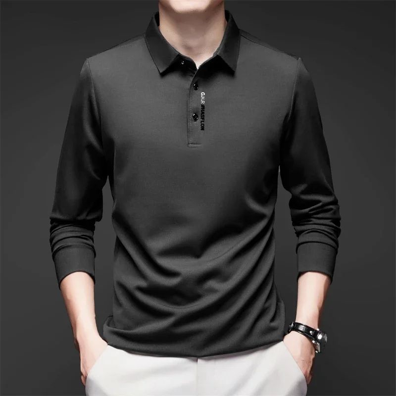 Men's Solid Polo Shirt – Long Sleeve Business Casual Polo with Badge, Anti-Wrinkle Breathable Shirt