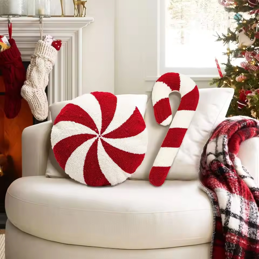 Christmas Cartoon Pillow, New Soft Plush Red Decoration Pillow, Candy Crutch Living Room Sofa Cushions