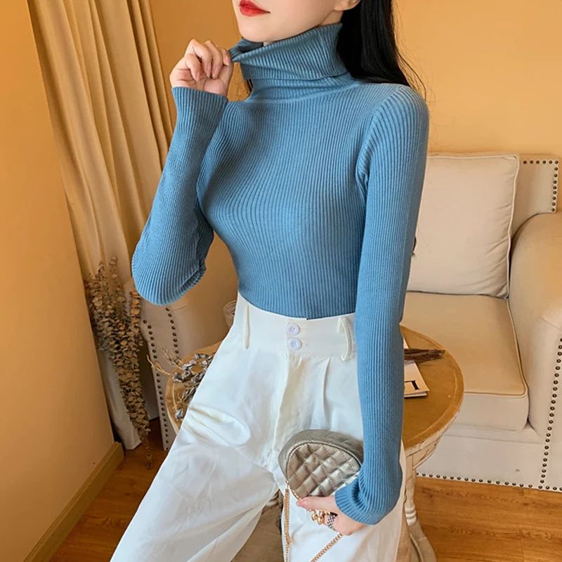 Autumn Winter Women's Ribbed Turtleneck Knit Sweater – Slim Fit Soft Warm Pullover