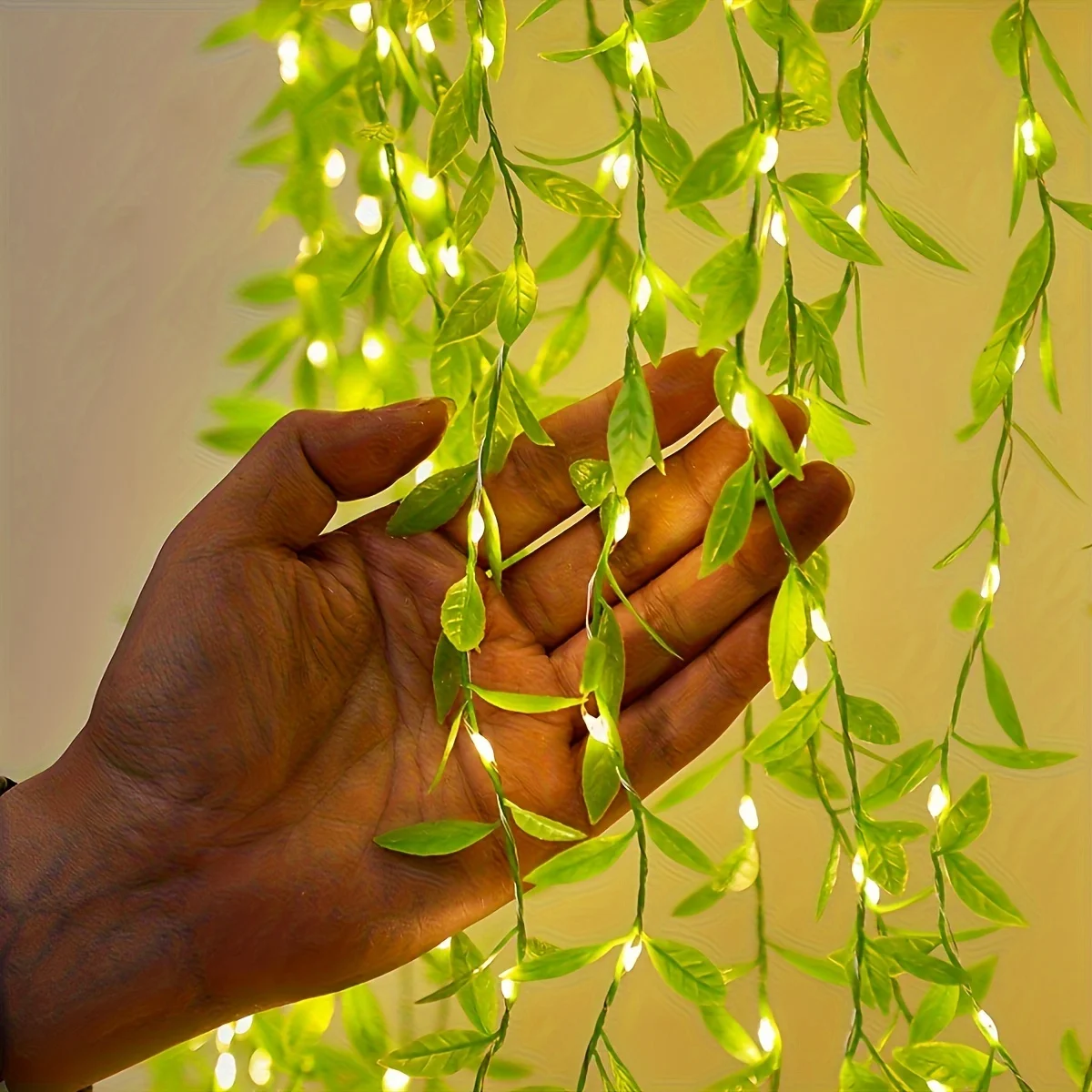 Battery Operated Willow Curtain Light String LED Lights with Copper Wire & Imitation Leaf Basket for Home Decor